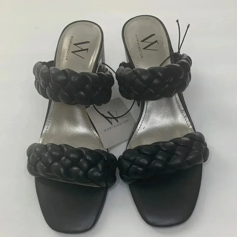 Worthington Braided Strap Mules Sandals Black Chunky Heel Women’s Sz 6.5 NWT
